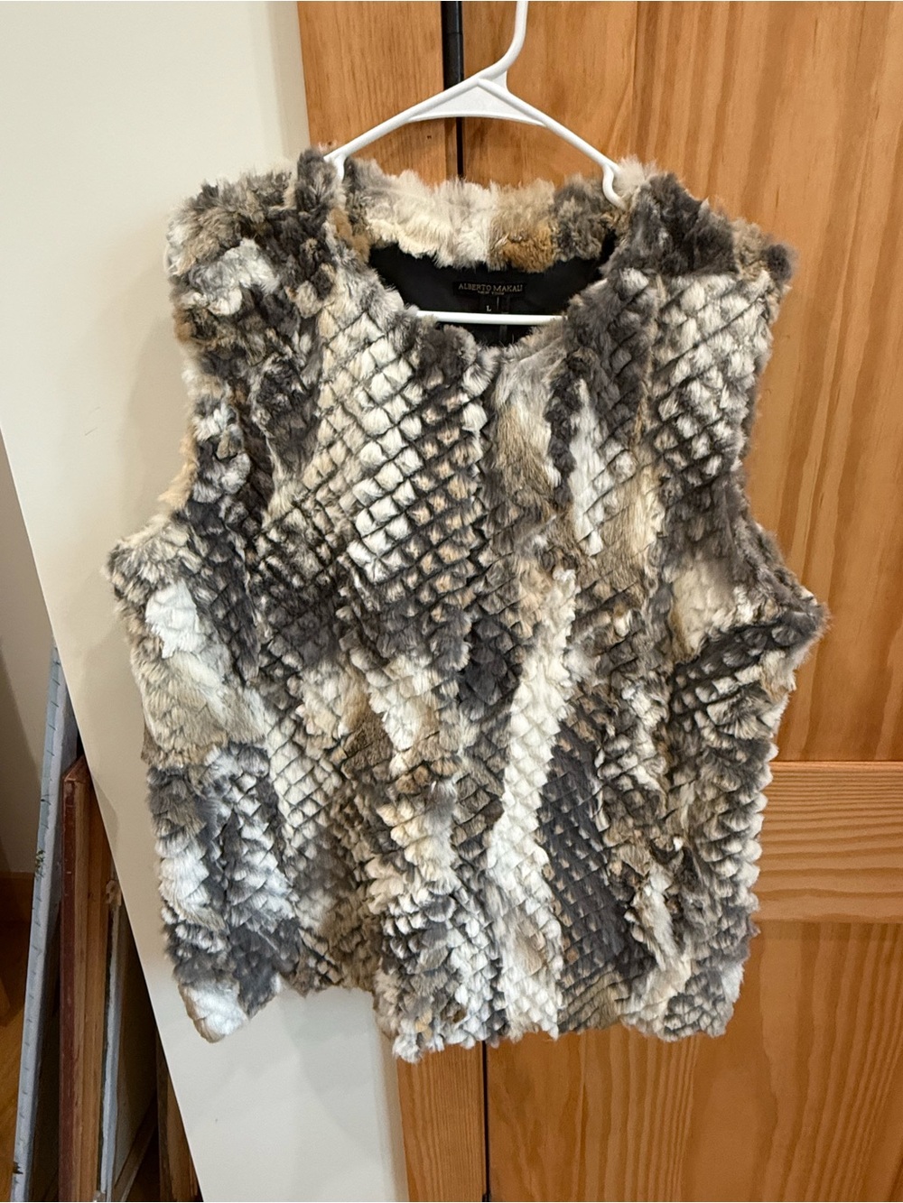 Alberto Makali Rabbit Fur Textured Vest in Cream, Gray & Brown